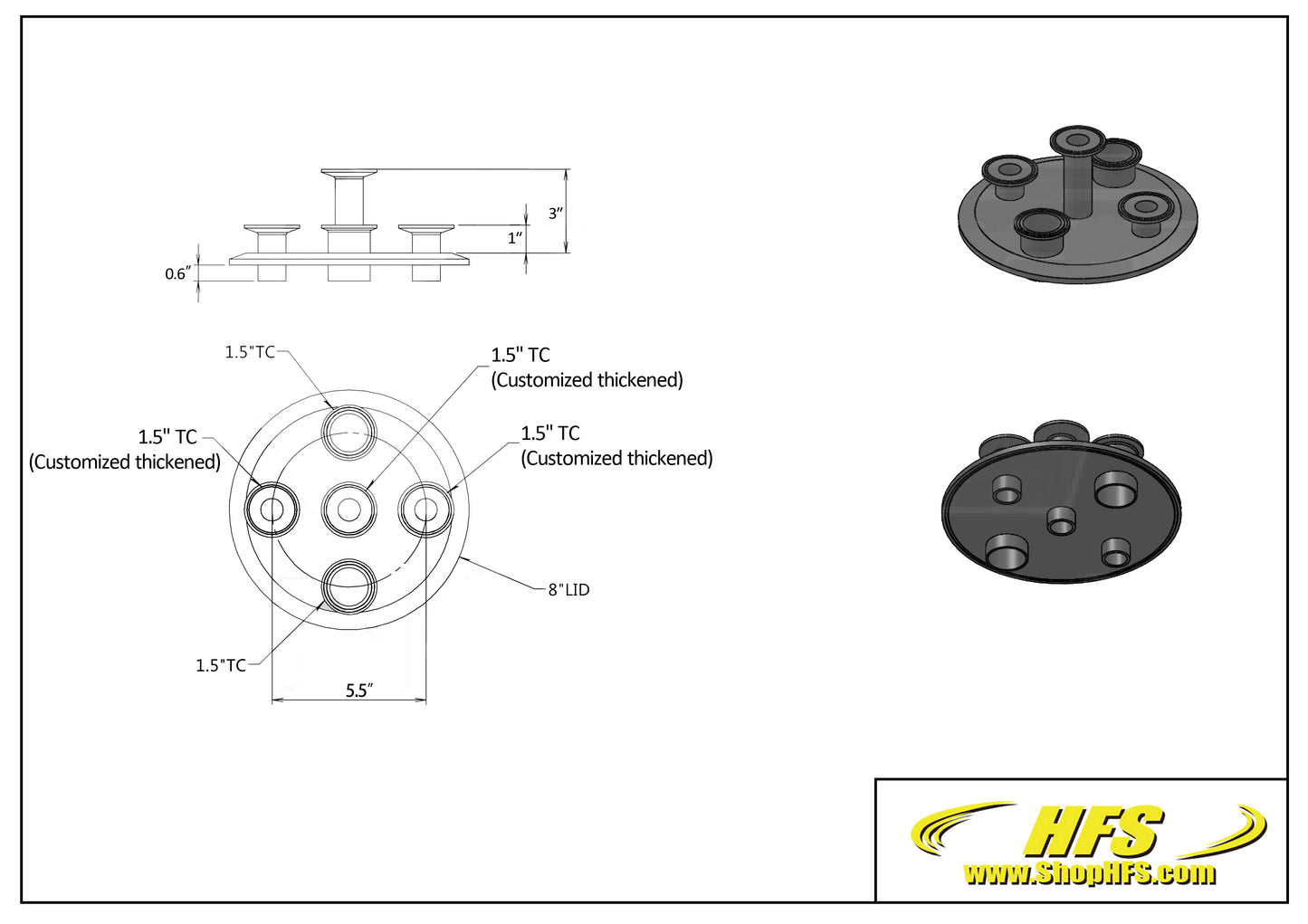 8" Tri Clamp Flat Lid w/ (5) 1.5"TC