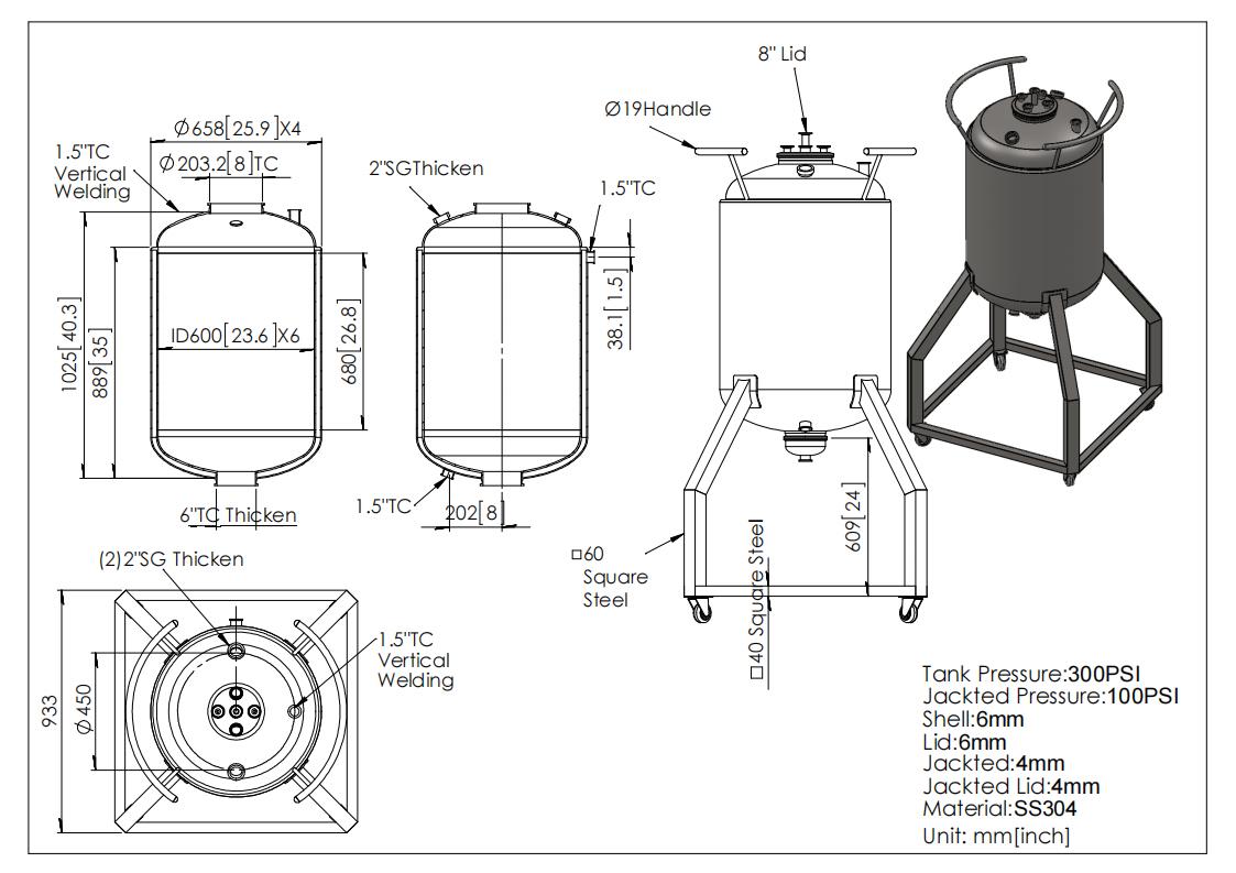 300 L, (350 lbs. Refrigerant), Jacketed Reactor