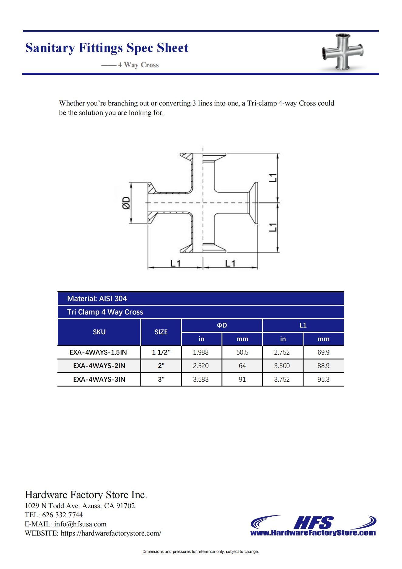 Tri Clamp 4 Way Cross 304 Stainless Steel 304