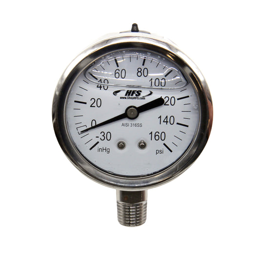 HFS -30 HG-160 PSI, 2.5" Diameter Vacuum Air Pressure Gauge (316 Stainless Steel) Bottom Mount Oil filled