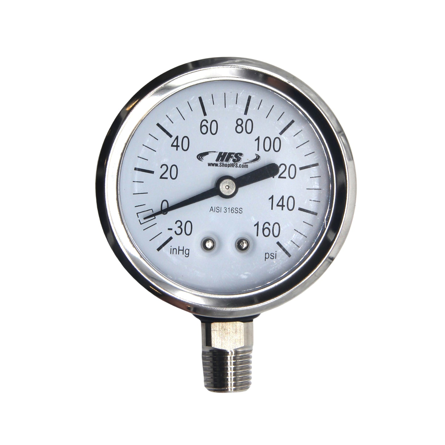 HFS -30 HG-160 PSI, 2.5" Diameter Vacuum Air Pressure Gauge (316 Stainless Steel) Bottom Mount