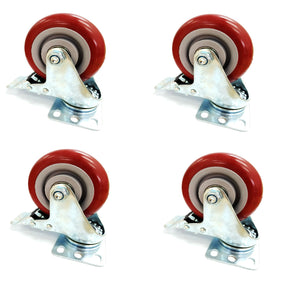 Caster Wheels Swivel Plate Stem Brake Casters On Red Polyurethane 3"