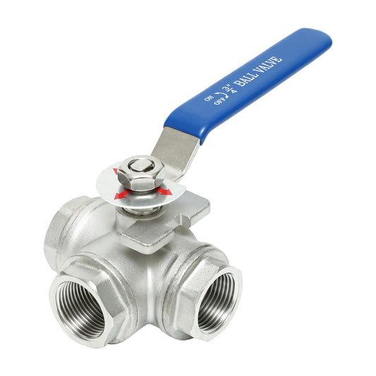 3-Way Ball Valve, T Mounting Pad, Stainless Steel 304 Female Type with Vinyl Locking Handle