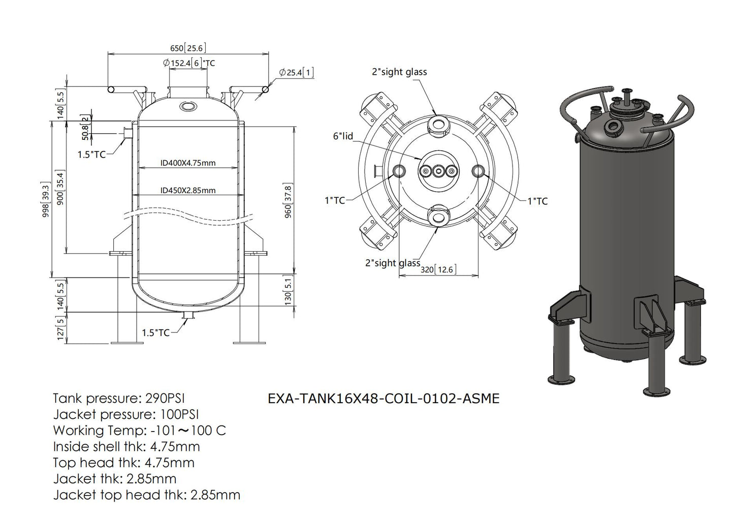 160 L, (175 lbs. Refrigerant), ASME Certified Jacketed Storage Vessel With Condenser