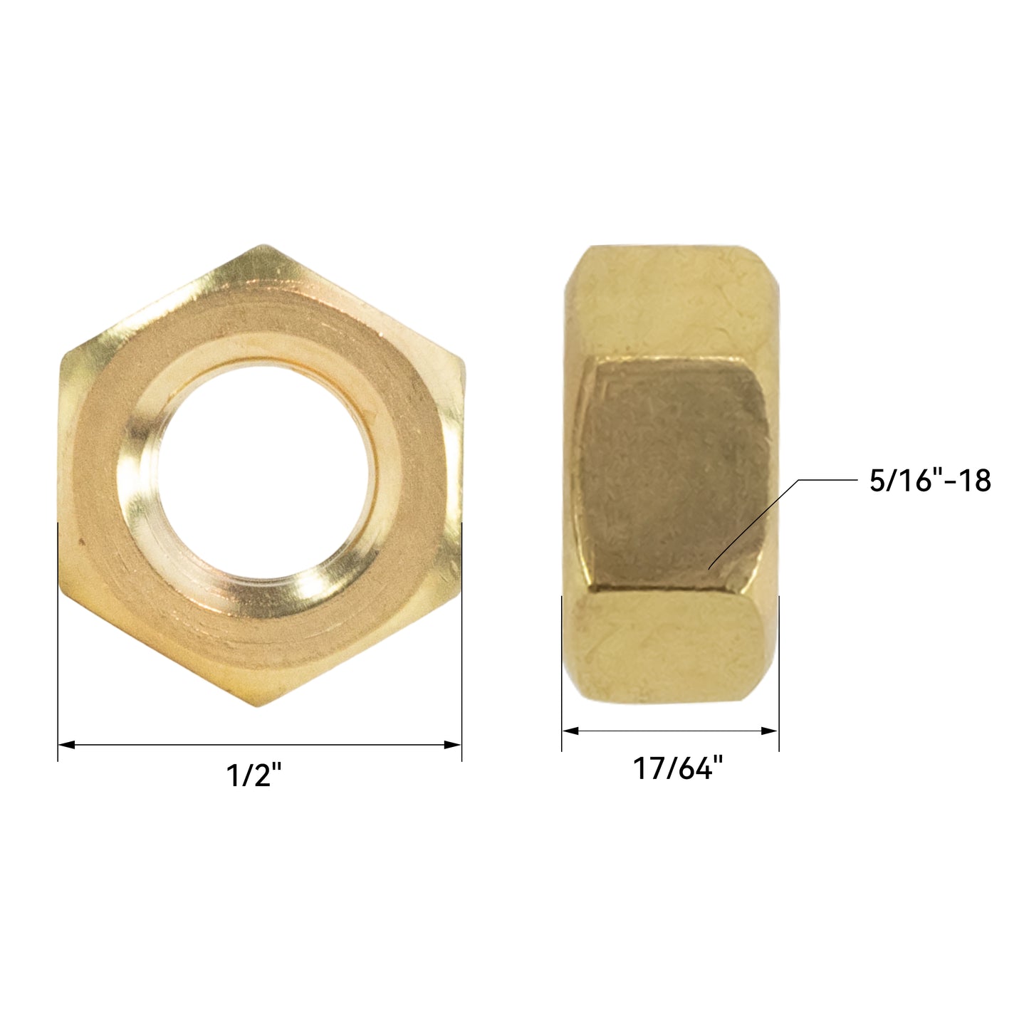 Thread Hex Nuts 5/16"-18, Solid Brass Hex Nut (25 Pack)