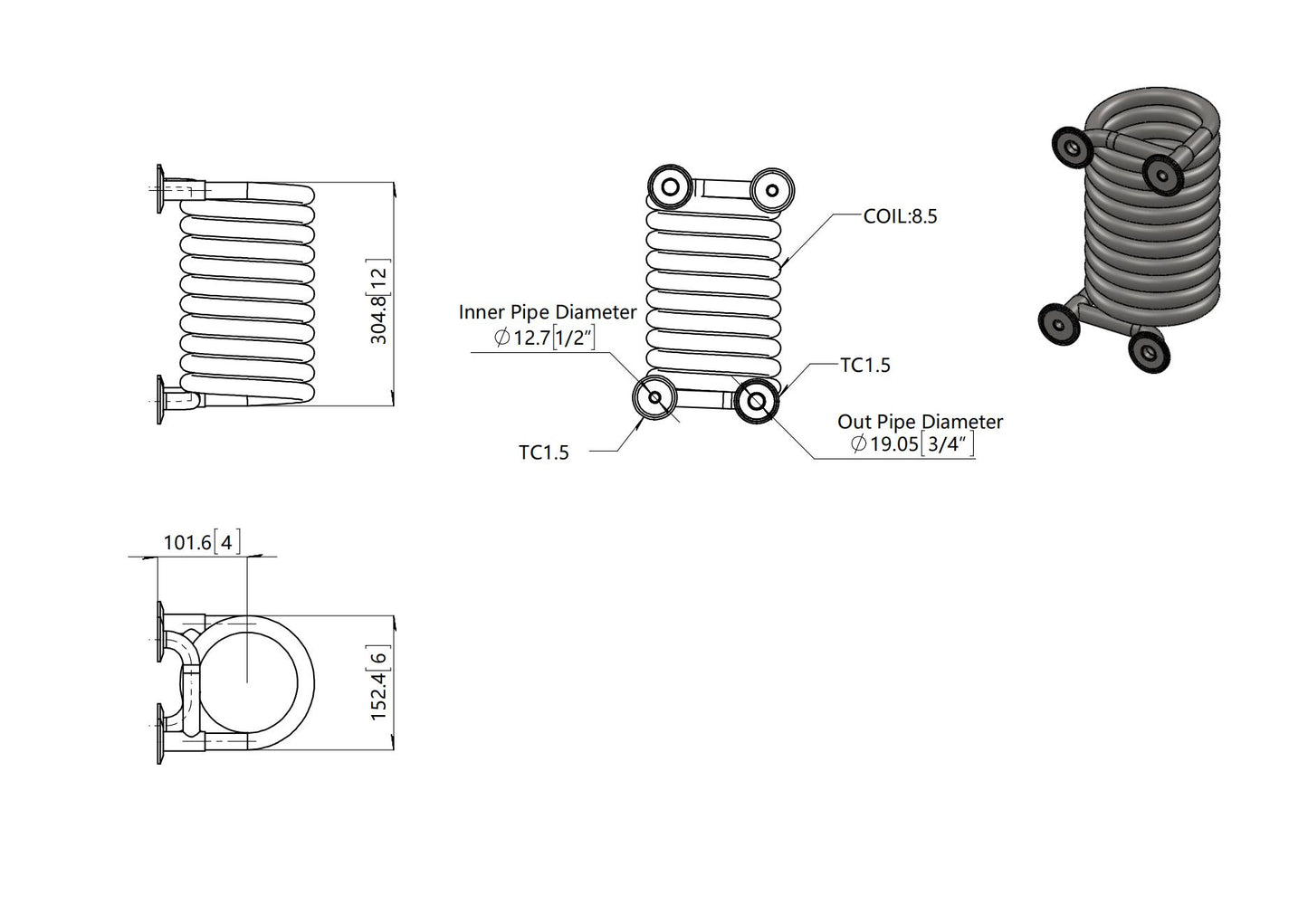 Jacketed Condensing Coil / Wort Chiller, (4) 1.5" Tri Clamp Ports, 1/2" Inner Tube OD, 3/4" Outer Tube OD, 6" Diameter, 12" Height, 304 Stainless Steel